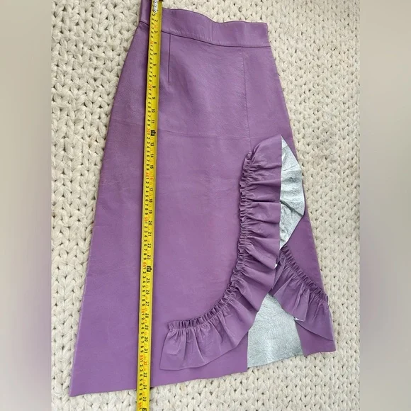 NEW Miu Miu Lavender Leather Midi Skirt with Silver Ruffle - Picture 10 of 16